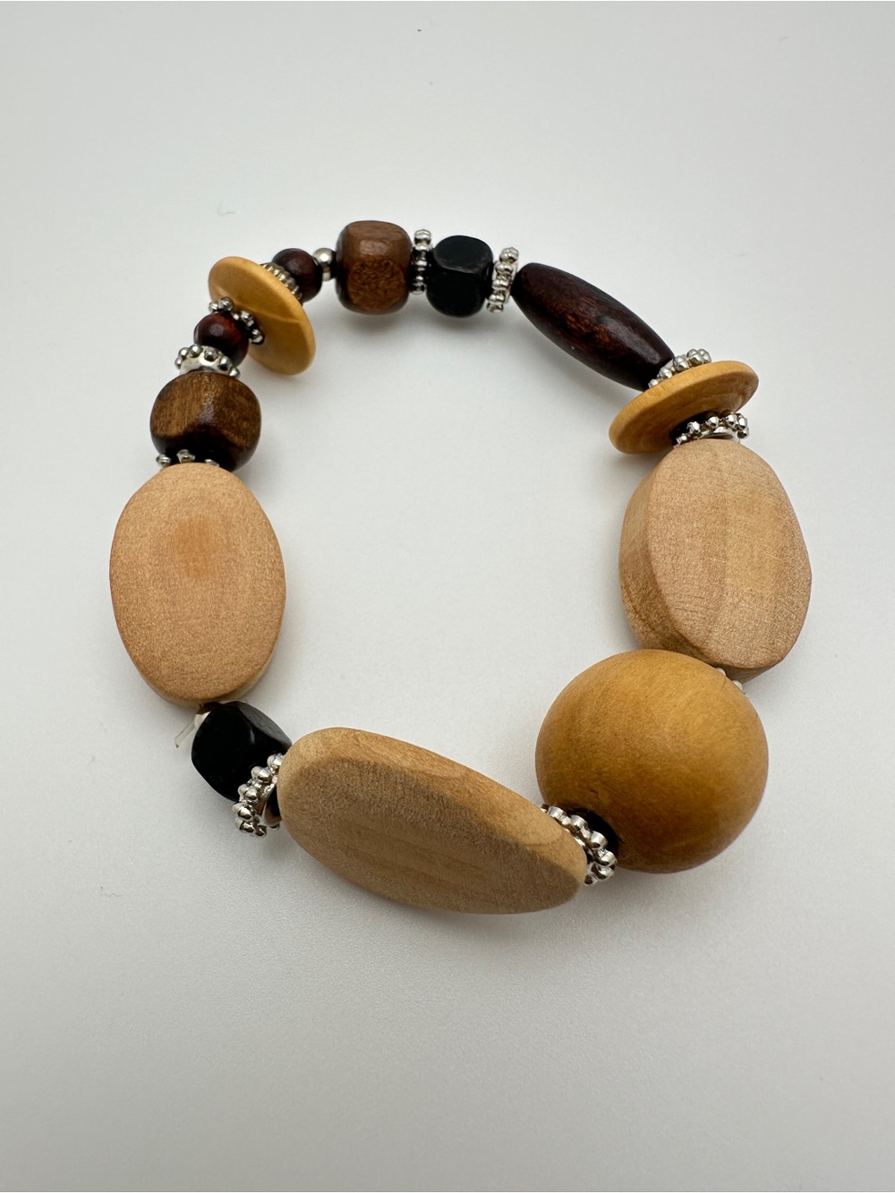 Handmade Natural Wood Bead Bracelet - Tan & Brown